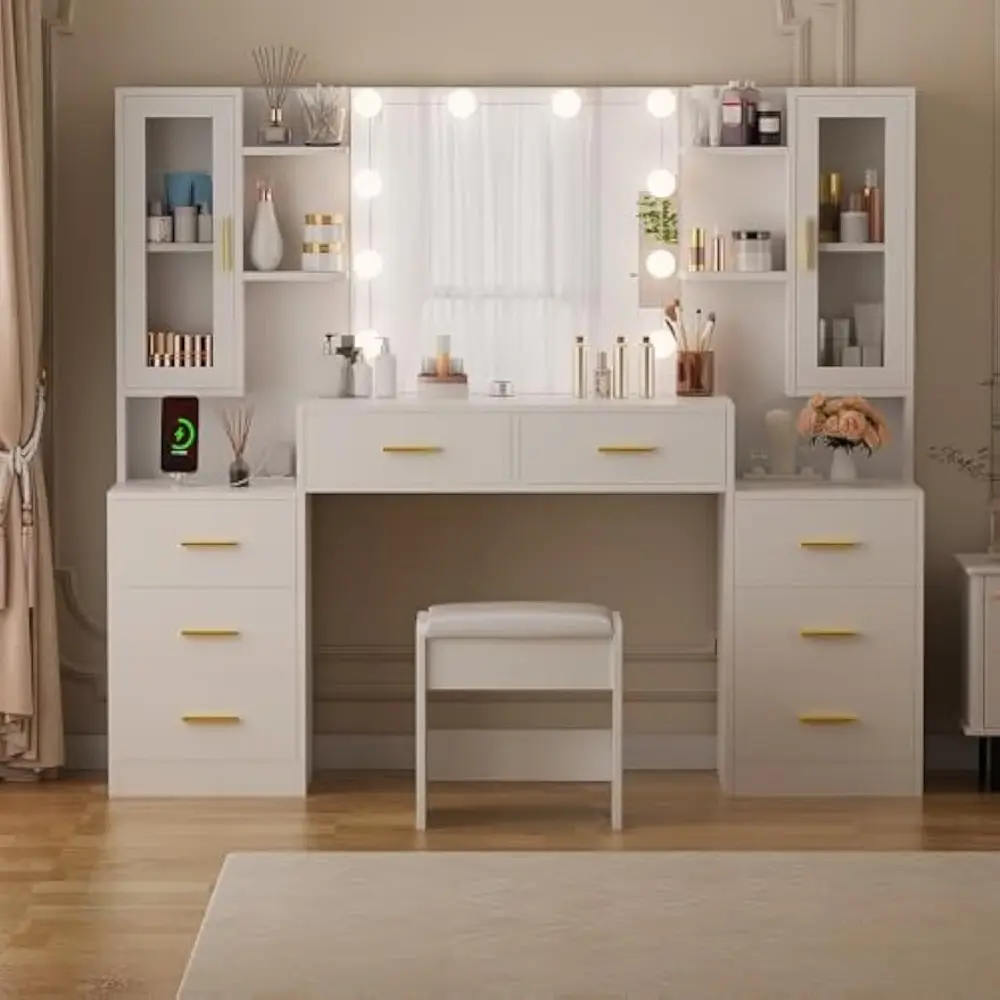 59.1" Large Vanity Desk Table with Mirror & Lights White Makeup Vanity with Power Outlet and 8 Drawers 3 Lighting Modes Adjusta