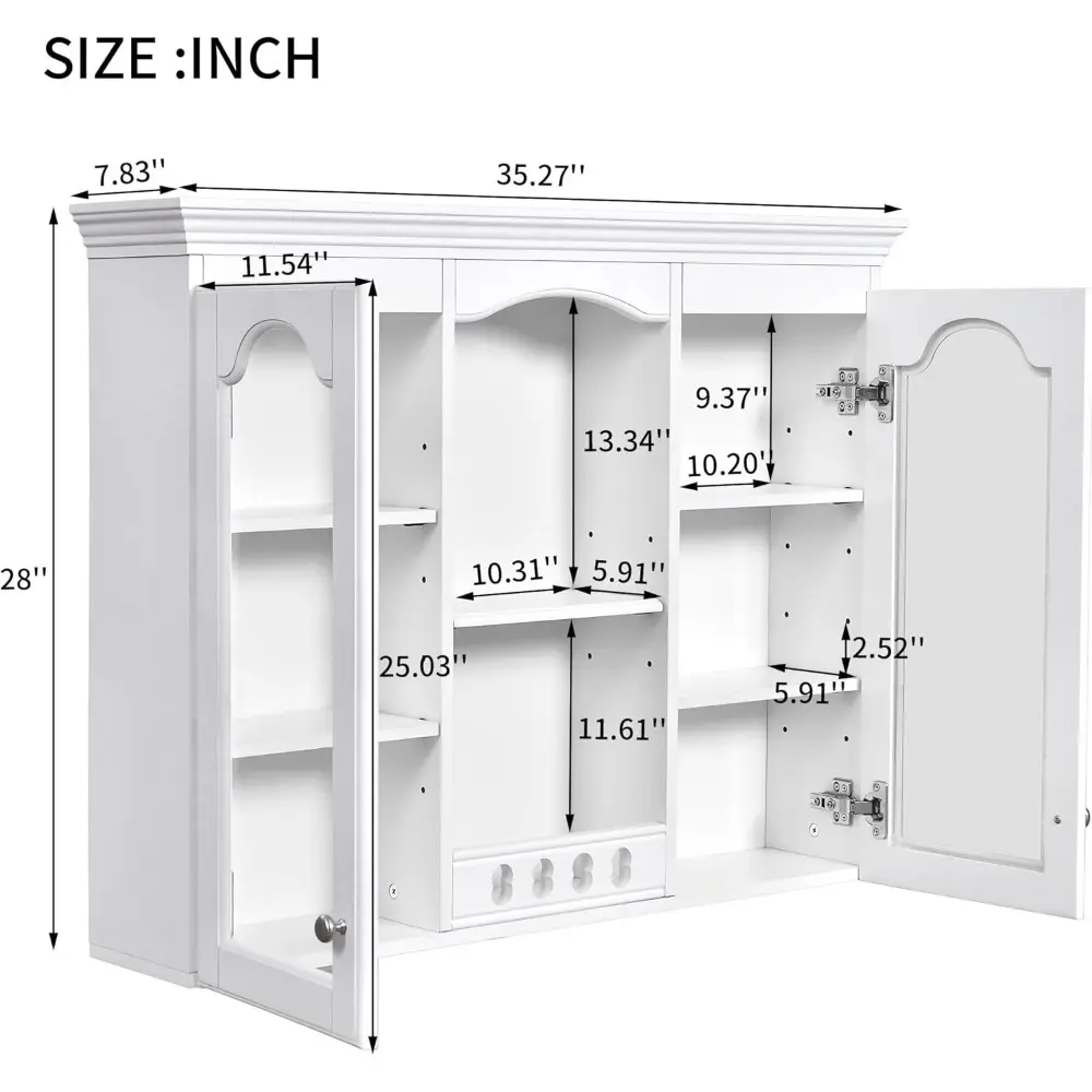 Country Bathroom Medicine Cabinet, 36" x 28" Wall Mount Bathroom Storage Cabinet with Glass Doors and Open Shelves, Over Toilet