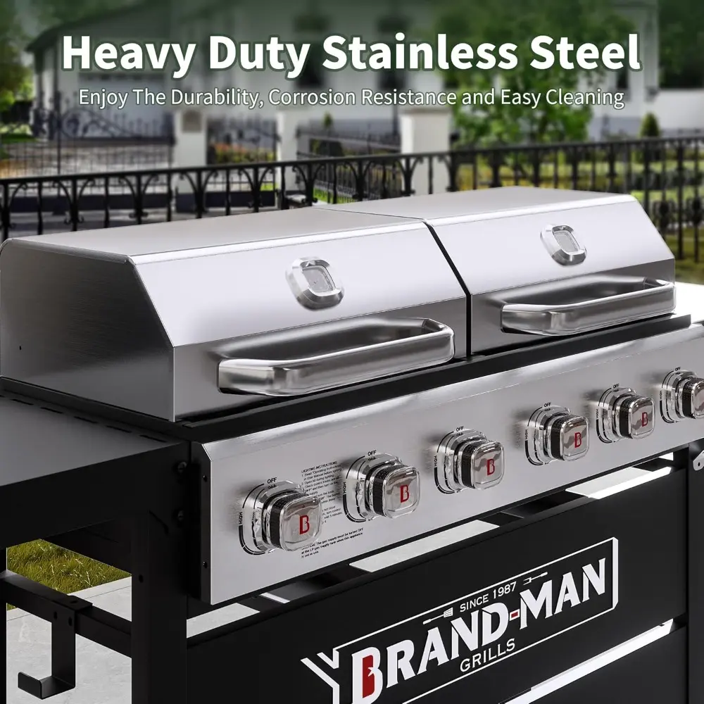 Brand-Man Griddle Grill Combo 6-Burner, 2 in 1 Versatile Propane Gas Grill and Griddle with Double Stainless Steel Lids, BBQ Com
