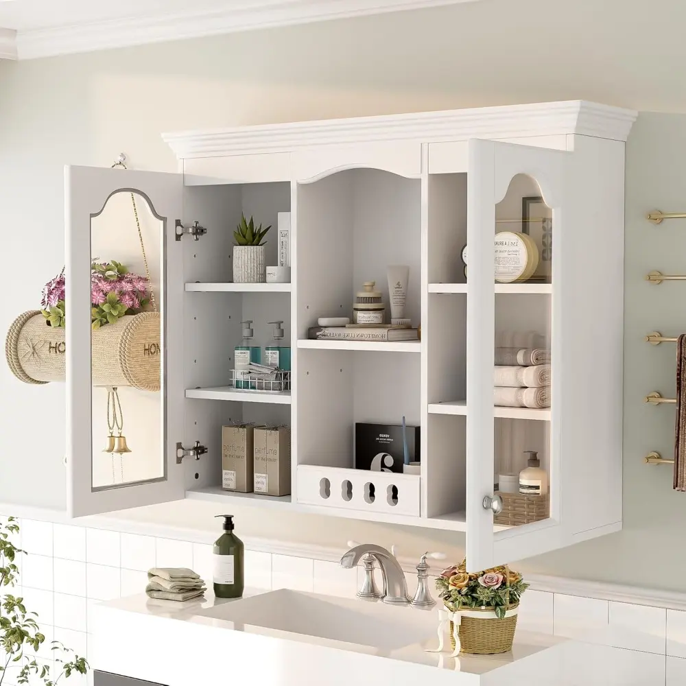 Country Bathroom Medicine Cabinet, 36" x 28" Wall Mount Bathroom Storage Cabinet with Glass Doors and Open Shelves, Over Toilet