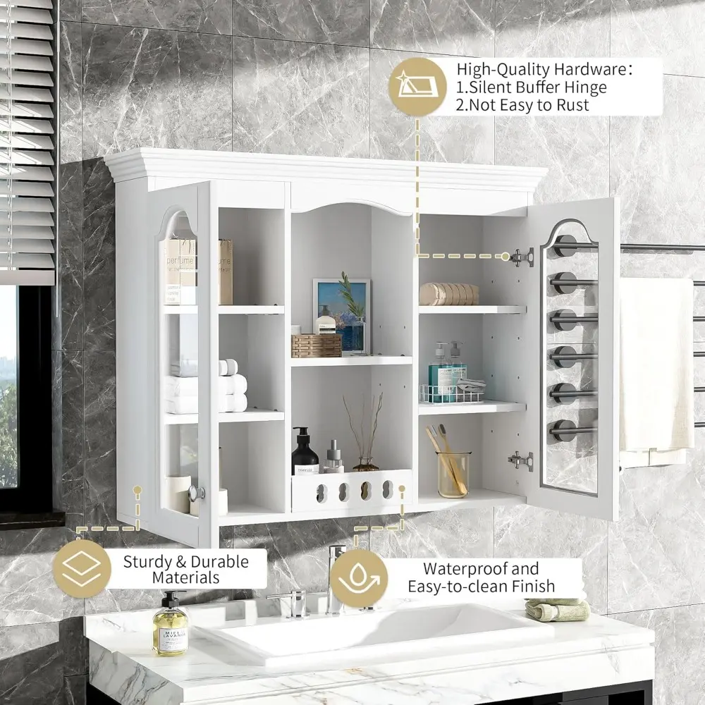 Country Bathroom Medicine Cabinet, 36" x 28" Wall Mount Bathroom Storage Cabinet with Glass Doors and Open Shelves, Over Toilet