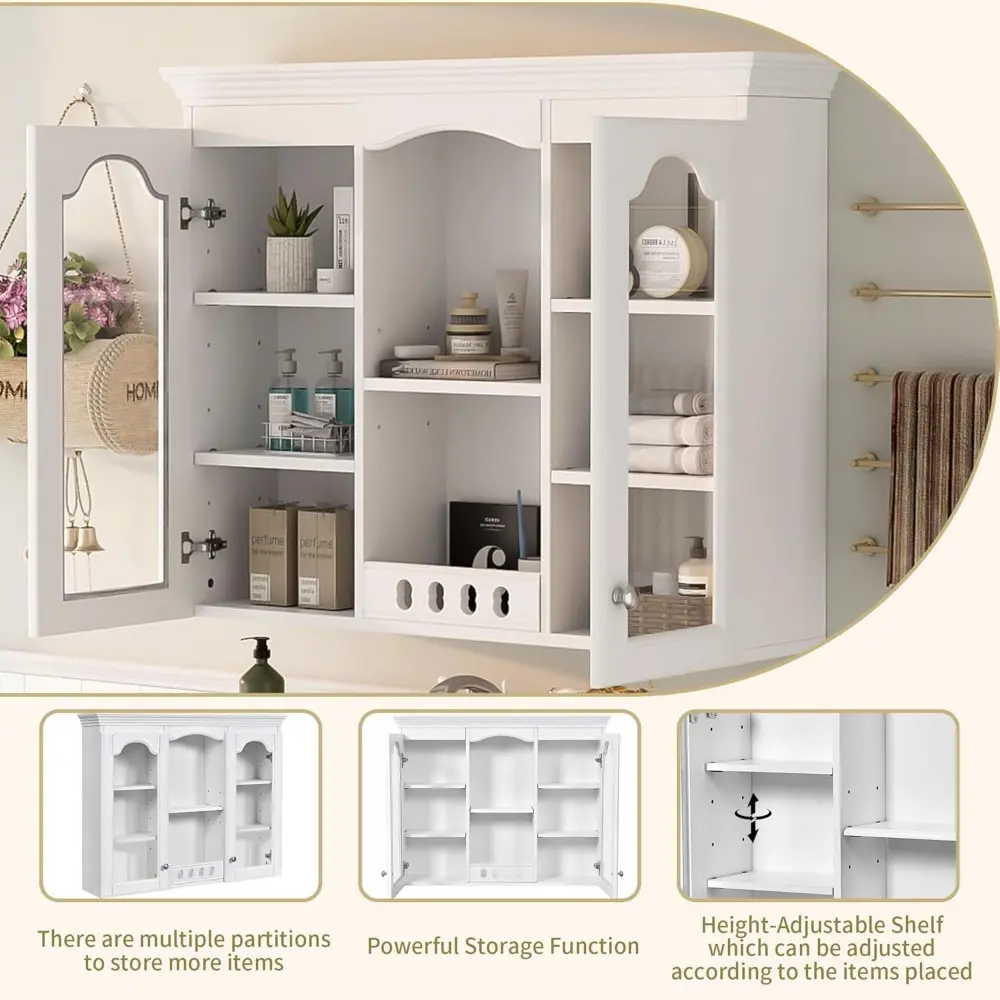 Country Bathroom Medicine Cabinet, 36" x 28" Wall Mount Bathroom Storage Cabinet with Glass Doors and Open Shelves, Over Toilet