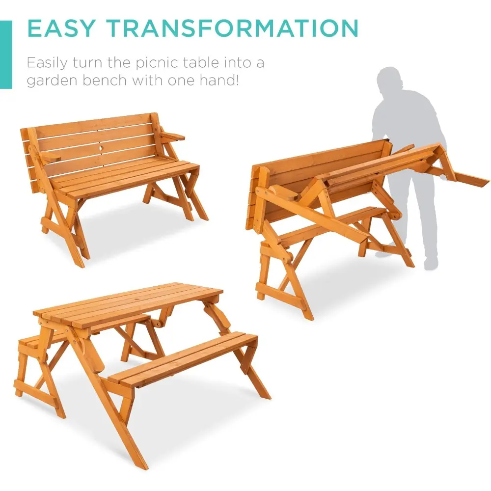 2-in-1 Transforming Interchangeable Outdoor Wooden Picnic Table Garden Bench for Backyard, Porch, Patio, Deck w/Umbrella Hole -