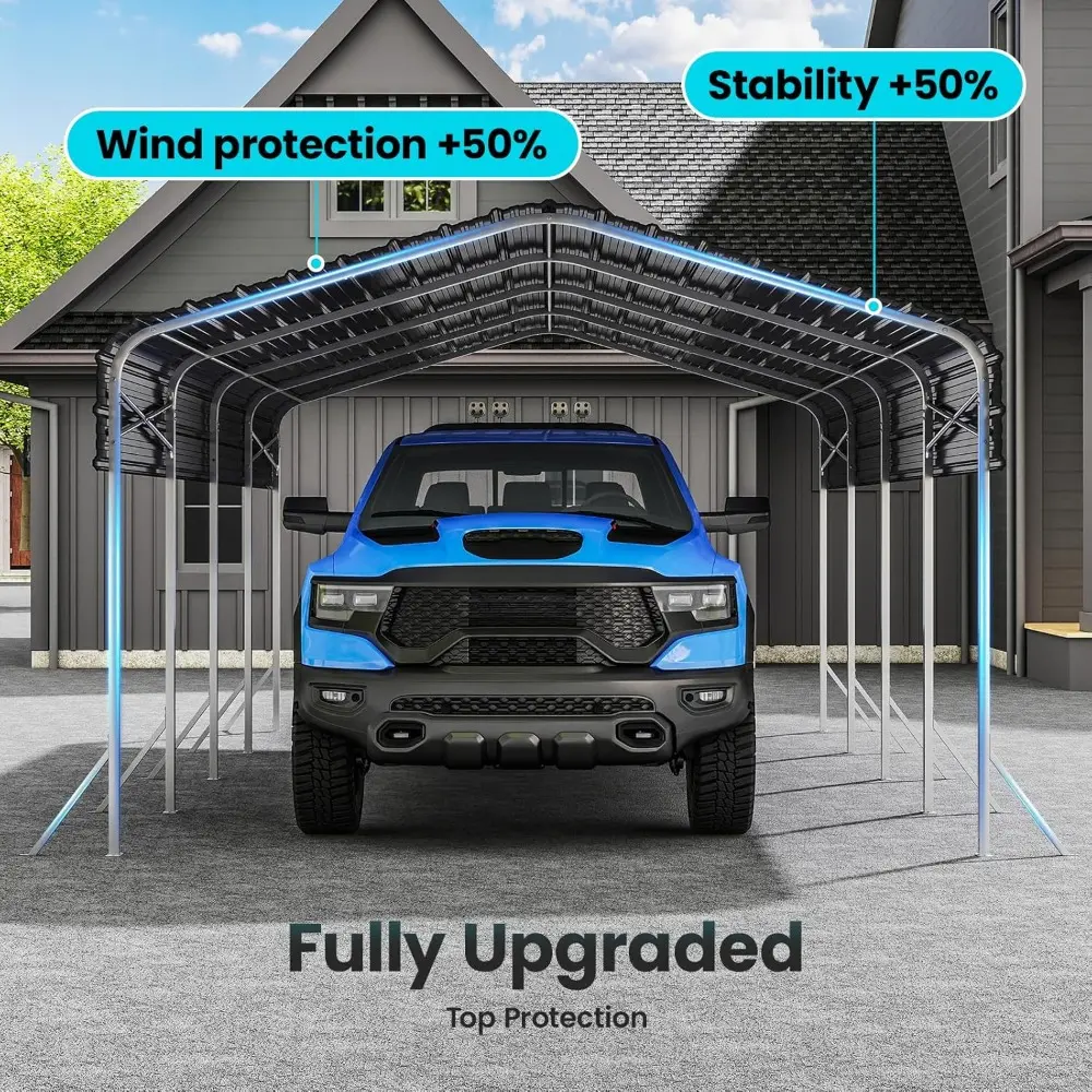 Heavy Duty Metal Carport, Reinforced Frame and Roof for All-Weather, Outdoor Galvanized Car Port with Enhanced Base for Car, Boa