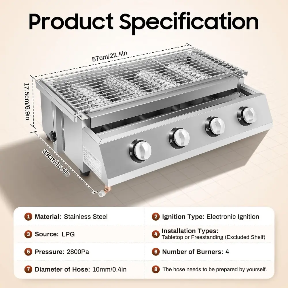 BBQ Grill LPG Tabletop Barbecue Cooking Stove Outdoor Grill for Camping Picnic Gatherings Parties, 2800Pa Low-Pressure, Valve an