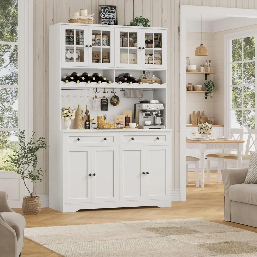75.4" Tall Kitchen Pantry Cabinet with Charging Station, Modern White Kitchen Hutch with Microwave Stand and Wine Racks, Large