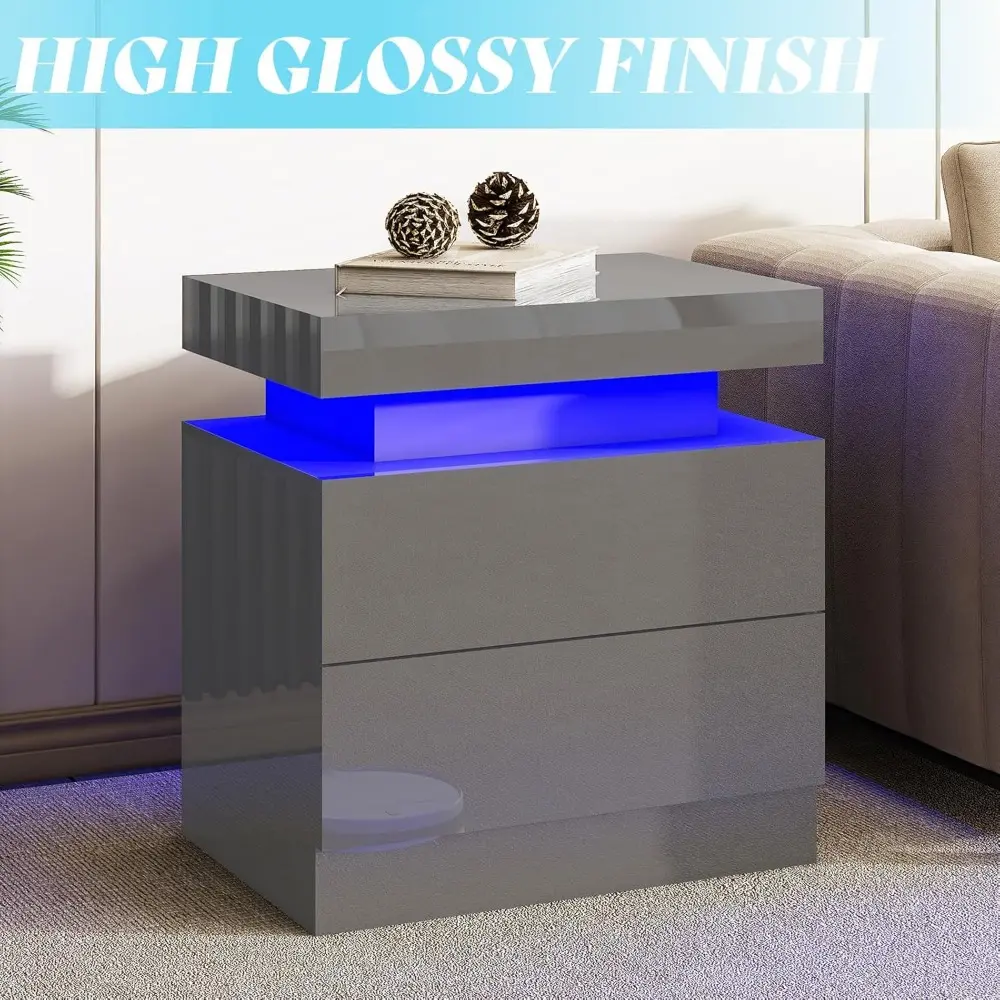 High Gloss LED Nightstand Set of 2 with Charging Station, Modern Bedside Table Night Stand with LED Lights, Sofa End Side Table
