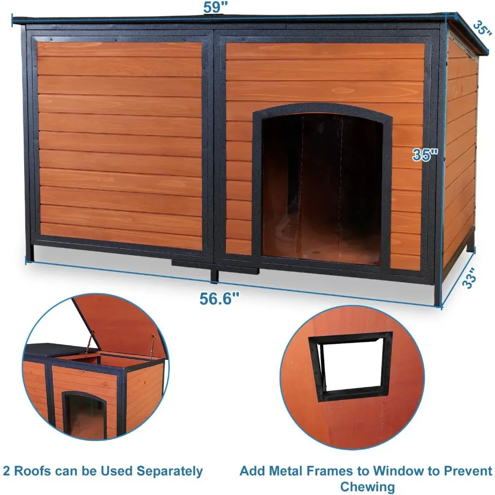 Extra Large Dog House Outdoor Weatherproof 59.1" Outside Wooden Dog Kennel, Chewproof Strong Iron Frame Window