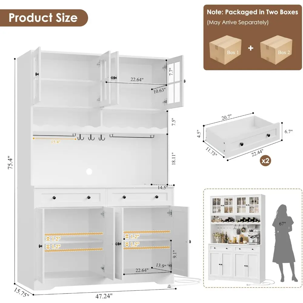 75.4" Tall Kitchen Pantry Cabinet with Charging Station, Modern White Kitchen Hutch with Microwave Stand and Wine Racks, Large