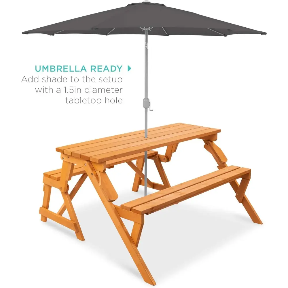 2-in-1 Transforming Interchangeable Outdoor Wooden Picnic Table Garden Bench for Backyard, Porch, Patio, Deck w/Umbrella Hole -