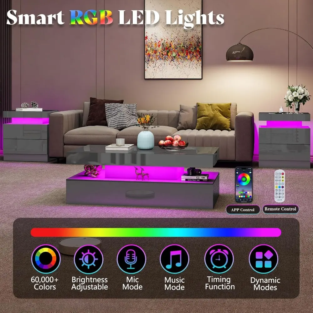 High Gloss LED Nightstand Set of 2 with Charging Station, Modern Bedside Table Night Stand with LED Lights, Sofa End Side Table