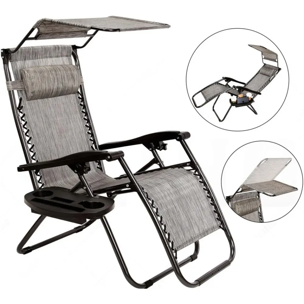 2-Pack Zero Gravity Outdoor Lounge Chairs Patio Adjustable Folding Canopy Sunshade Reclining Chairs - Grey Color