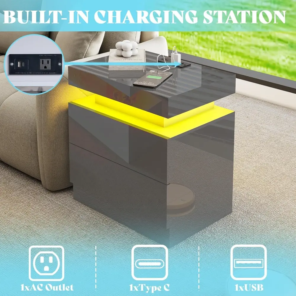 High Gloss LED Nightstand Set of 2 with Charging Station, Modern Bedside Table Night Stand with LED Lights, Sofa End Side Table