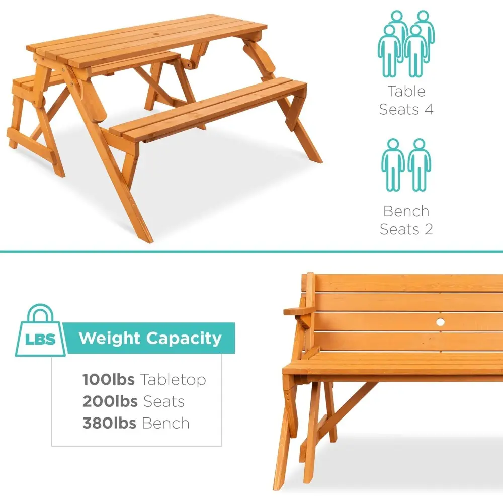 2-in-1 Transforming Interchangeable Outdoor Wooden Picnic Table Garden Bench for Backyard, Porch, Patio, Deck w/Umbrella Hole -