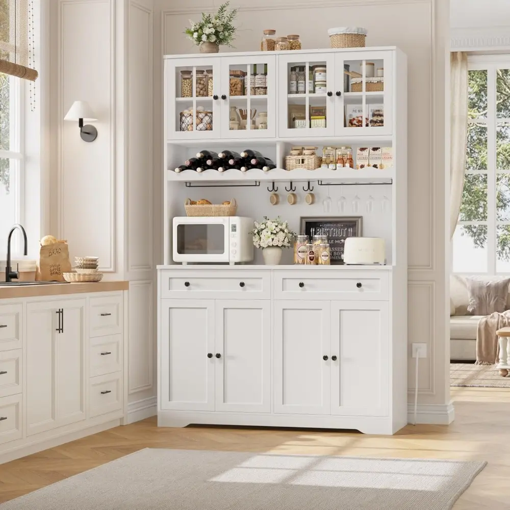 75.4" Tall Kitchen Pantry Cabinet with Charging Station, Modern White Kitchen Hutch with Microwave Stand and Wine Racks, Large