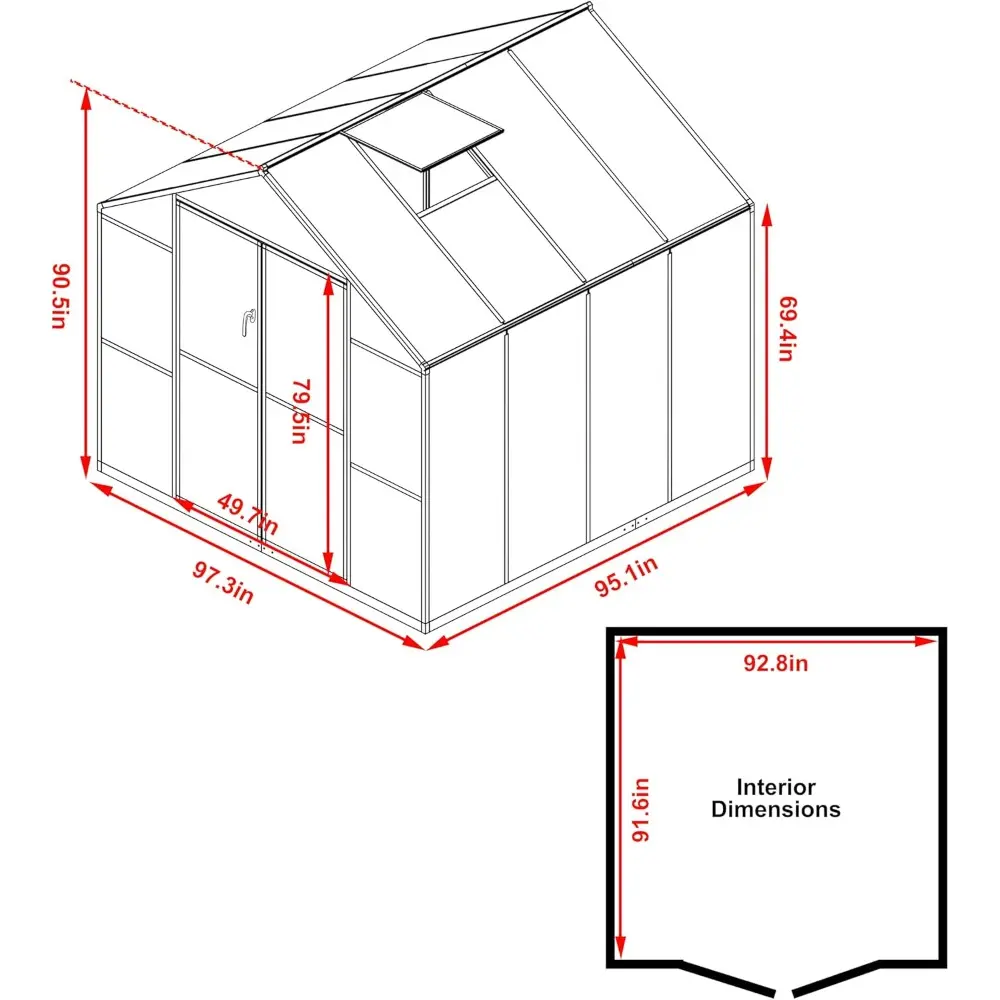 8x8 FT Outdoor Greenhouse Kit, Polycarbonate Aluminum Walk-in Greenhouse with Adjustable Roof Vent and Lockable Door, Backyard G
