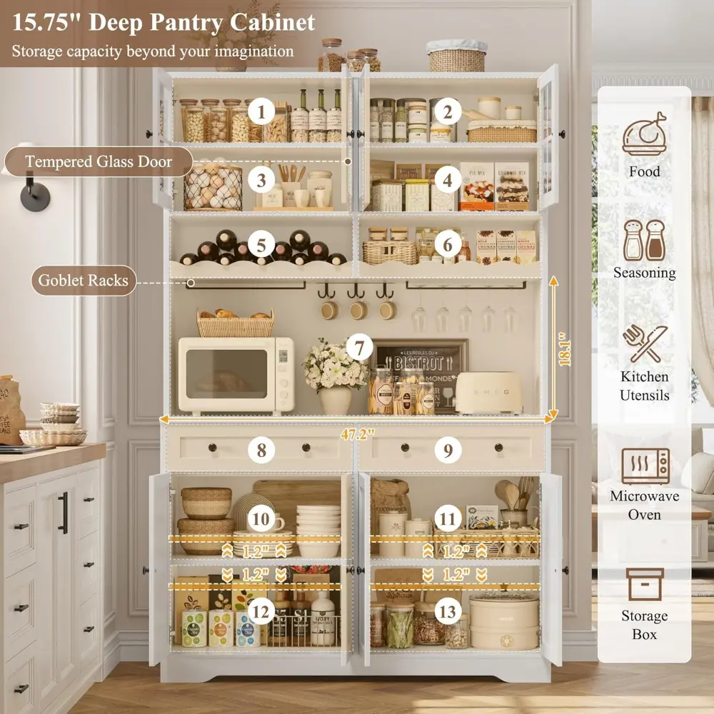 75.4" Tall Kitchen Pantry Cabinet with Charging Station, Modern White Kitchen Hutch with Microwave Stand and Wine Racks, Large