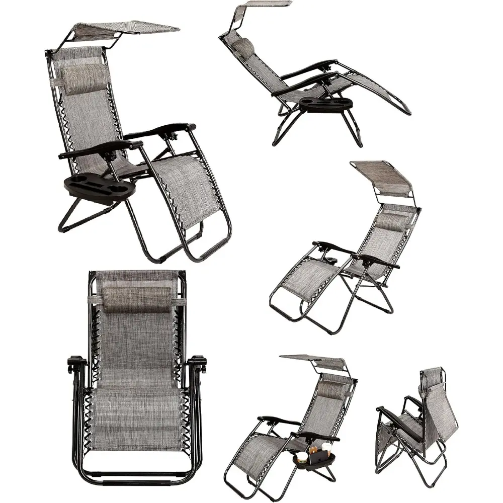 2-Pack Zero Gravity Outdoor Lounge Chairs Patio Adjustable Folding Canopy Sunshade Reclining Chairs - Grey Color