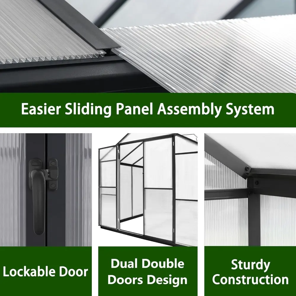 8x8 FT Outdoor Greenhouse Kit, Polycarbonate Aluminum Walk-in Greenhouse with Adjustable Roof Vent and Lockable Door, Backyard G