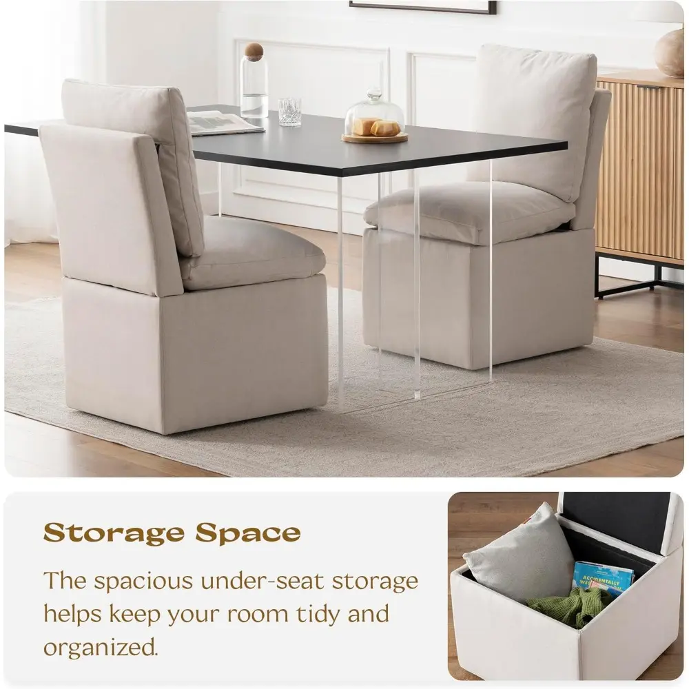 Upholstered Dining Chair with Casters Set of 4 Modern Linen Fabric Accent Side Chair Armless Rolling Dining Chairs with Storage