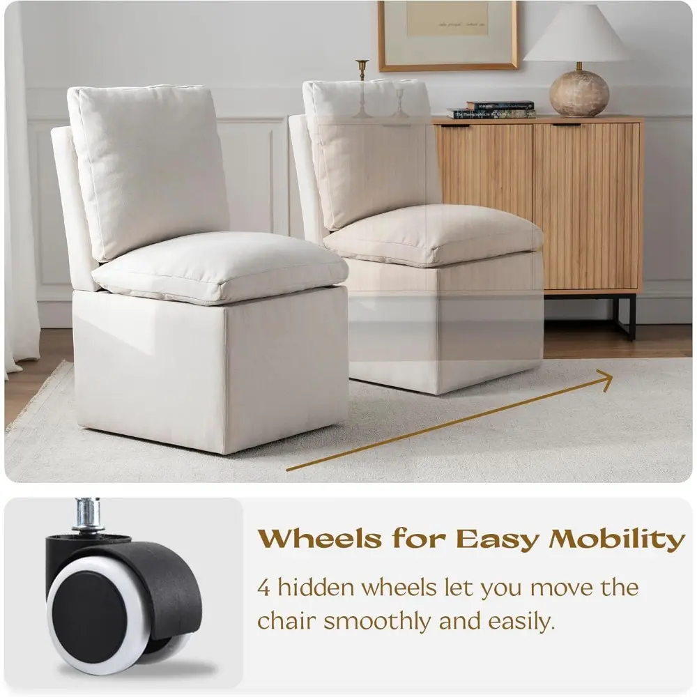 Upholstered Dining Chair with Casters Set of 4 Modern Linen Fabric Accent Side Chair Armless Rolling Dining Chairs with Storage