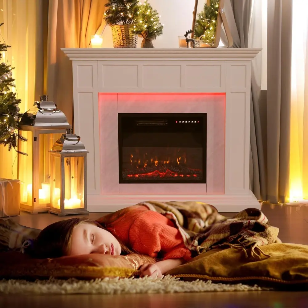 50" Electric Fireplace with Mantel, TV Stand with 23" Freestanding Electric Fireplace, Adjustable Led Flame Remote Control, Beig