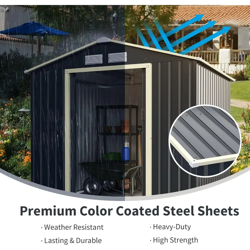 Outdoor Storage Shed, 7' X 6' Metal Garden Shed with 4 Vents & Double Sliding Door, Utility Tool Shed Storage House for Backyar