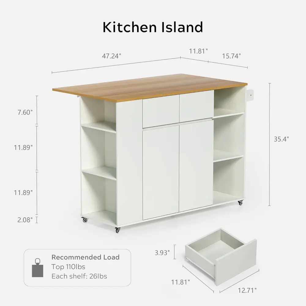 Kitchen Island with Drop Leaf, 47" Kitchen Cart, Rolling Kitchen Island on Wheels Table with 2 Drawers, Storage Cabinet, Open Sh
