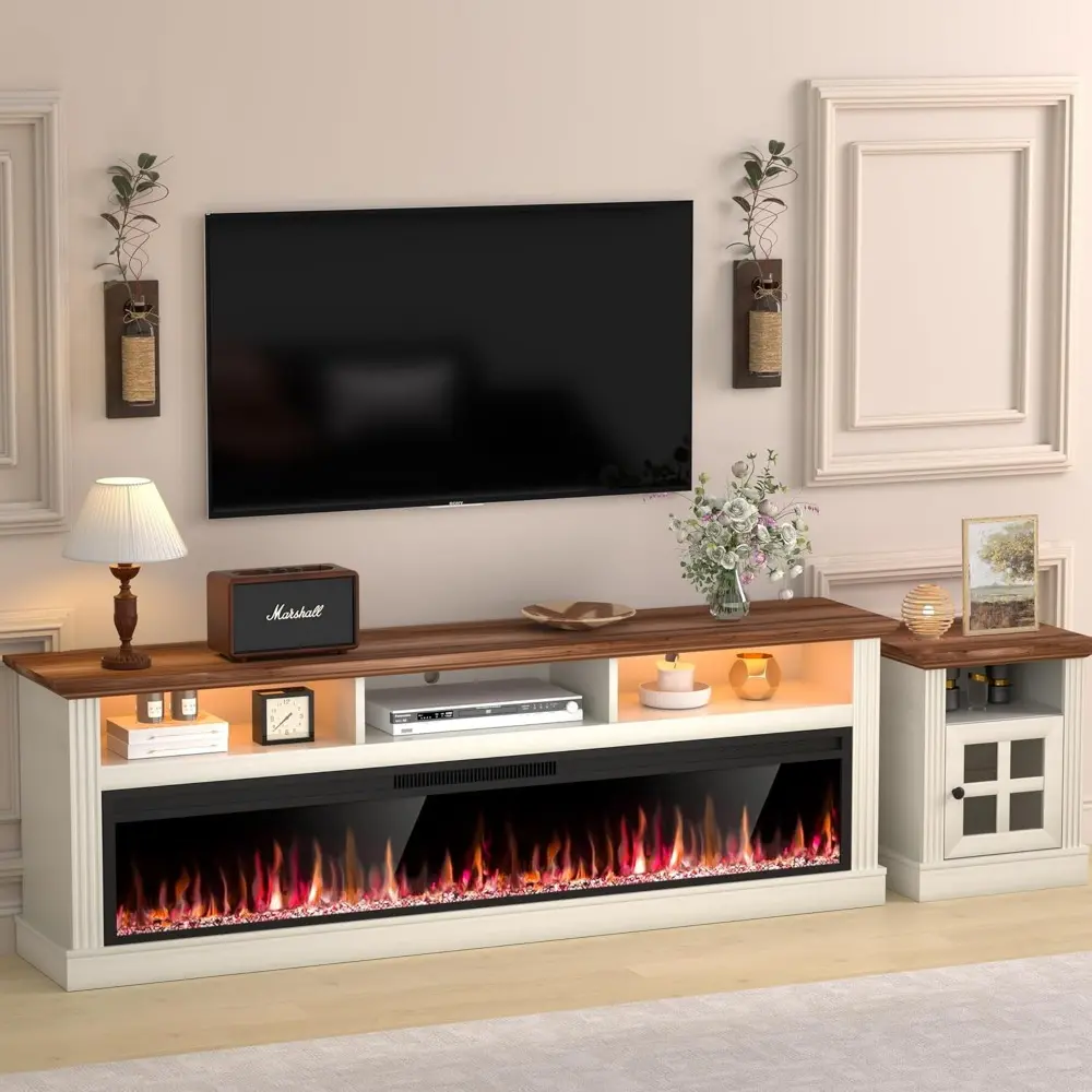 58" Fireplace TV Stand for TVs Up to 65" with 52" Electric Fireplace,White Entertainment Center,Led Light TV Consoles for Livin