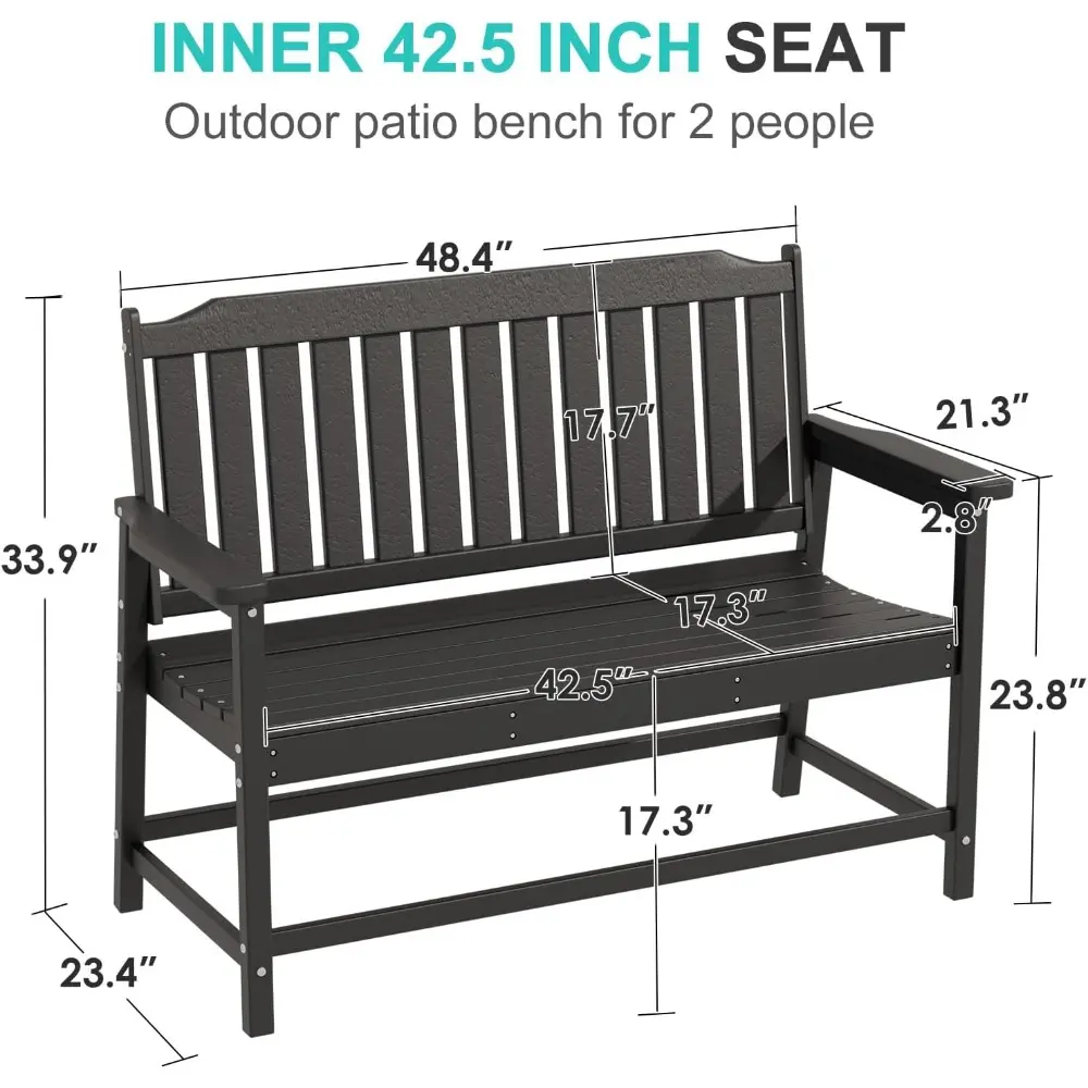 Outdoor Bench All-Weather HDPE Fade Resistant Garden Bench 800 lbs Bearing 2-Seat Front Porch Furniture for Patio, Backyard,Park