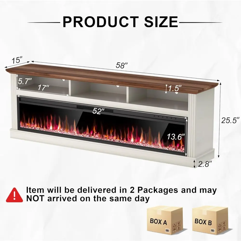 58" Fireplace TV Stand for TVs Up to 65" with 52" Electric Fireplace,White Entertainment Center,Led Light TV Consoles for Livin
