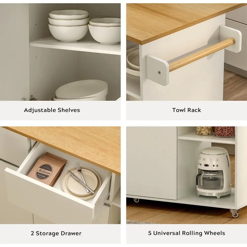 Kitchen Island with Drop Leaf, 47" Kitchen Cart, Rolling Kitchen Island on Wheels Table with 2 Drawers, Storage Cabinet, Open Sh