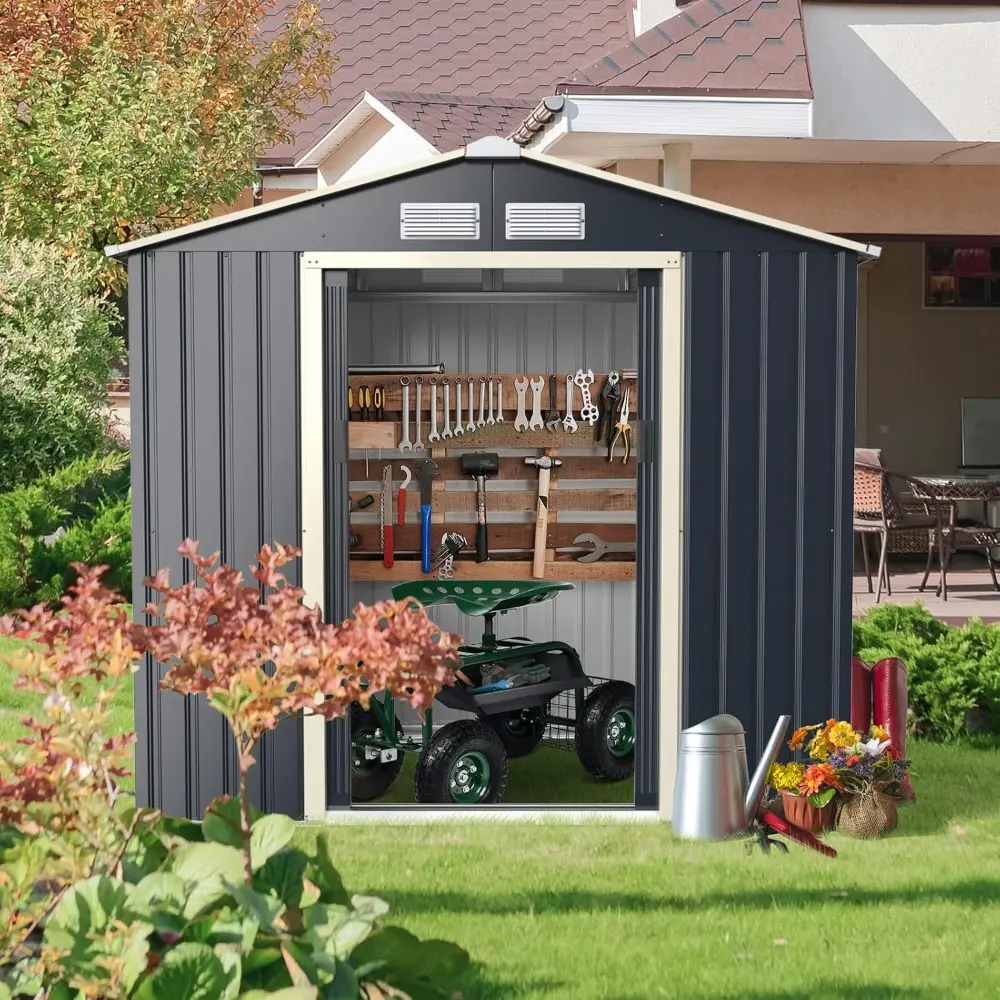 Outdoor Storage Shed, 7' X 6' Metal Garden Shed with 4 Vents & Double Sliding Door, Utility Tool Shed Storage House for Backyar