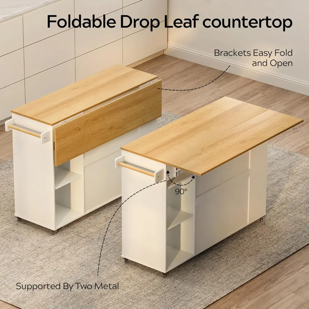 Kitchen Island with Drop Leaf, 47" Kitchen Cart, Rolling Kitchen Island on Wheels Table with 2 Drawers, Storage Cabinet, Open Sh