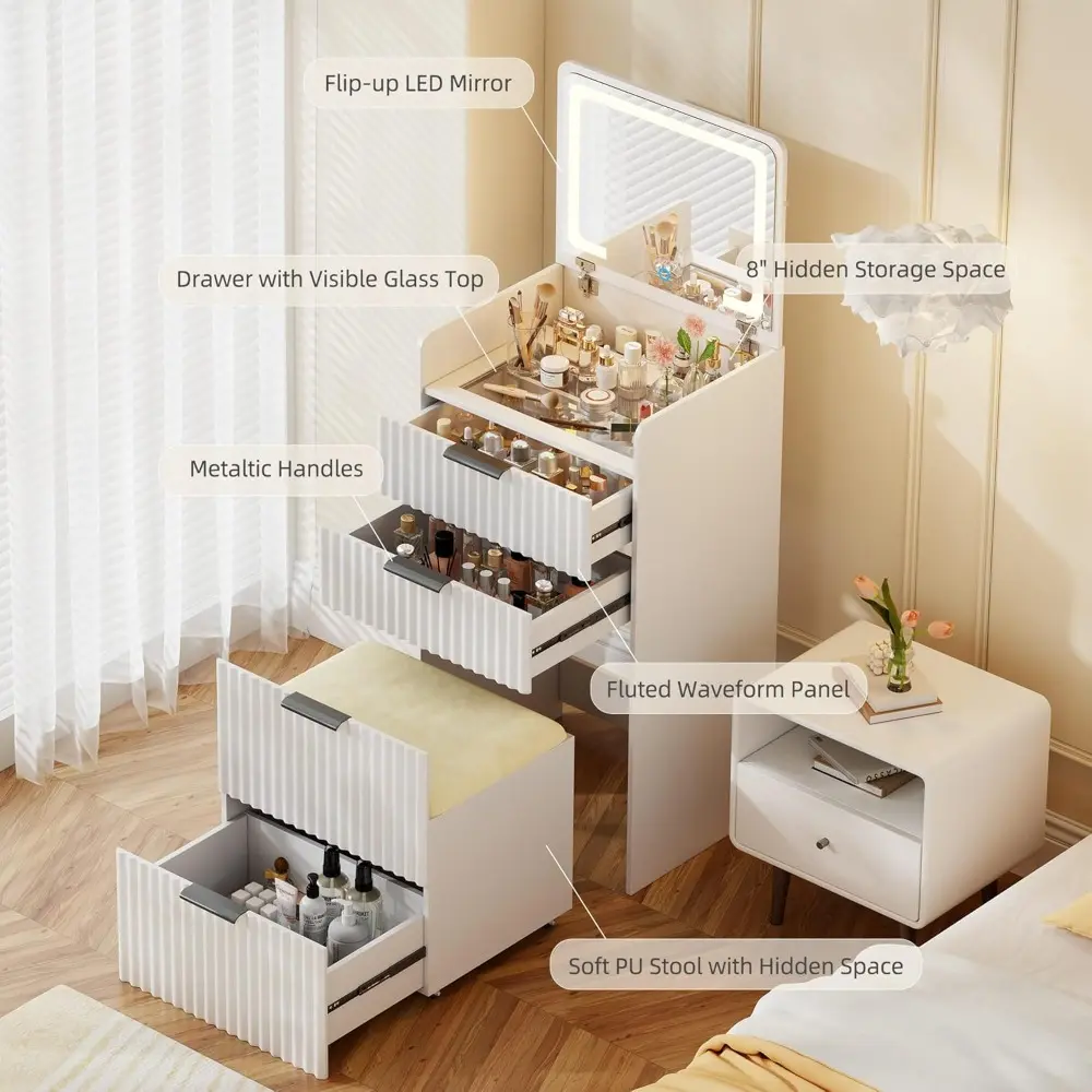 Small Fluted Vanity Desk with Mirror and Lights, 3-in-1 Compact Makeup Vanity Set with Hidden Storage Stool, Mini Dressing Tabl