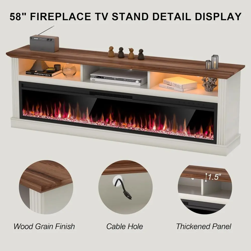 58" Fireplace TV Stand for TVs Up to 65" with 52" Electric Fireplace,White Entertainment Center,Led Light TV Consoles for Livin