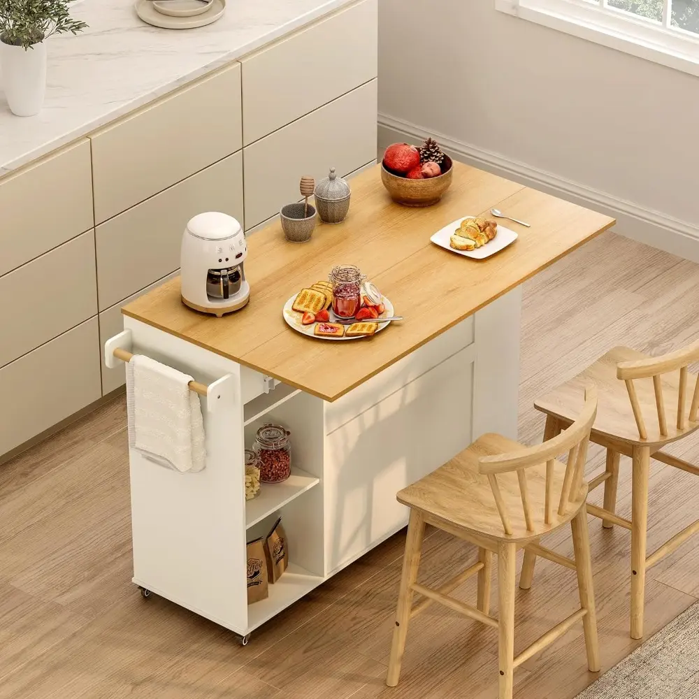 Kitchen Island with Drop Leaf, 47" Kitchen Cart, Rolling Kitchen Island on Wheels Table with 2 Drawers, Storage Cabinet, Open Sh