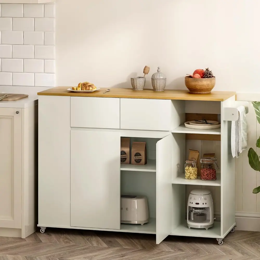 Kitchen Island with Drop Leaf, 47" Kitchen Cart, Rolling Kitchen Island on Wheels Table with 2 Drawers, Storage Cabinet, Open Sh