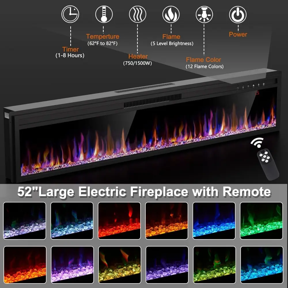 58" Fireplace TV Stand for TVs Up to 65" with 52" Electric Fireplace,White Entertainment Center,Led Light TV Consoles for Livin