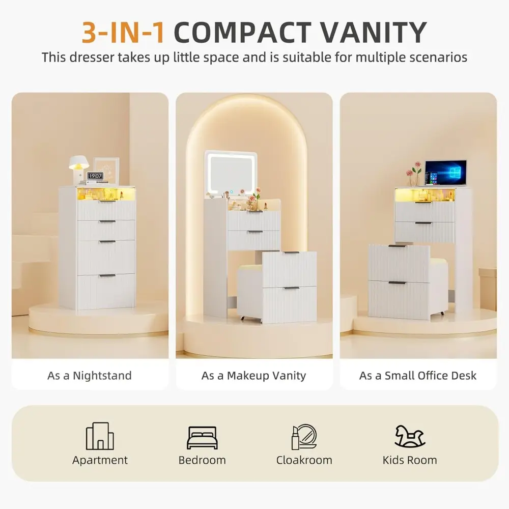 Small Fluted Vanity Desk with Mirror and Lights, 3-in-1 Compact Makeup Vanity Set with Hidden Storage Stool, Mini Dressing Tabl