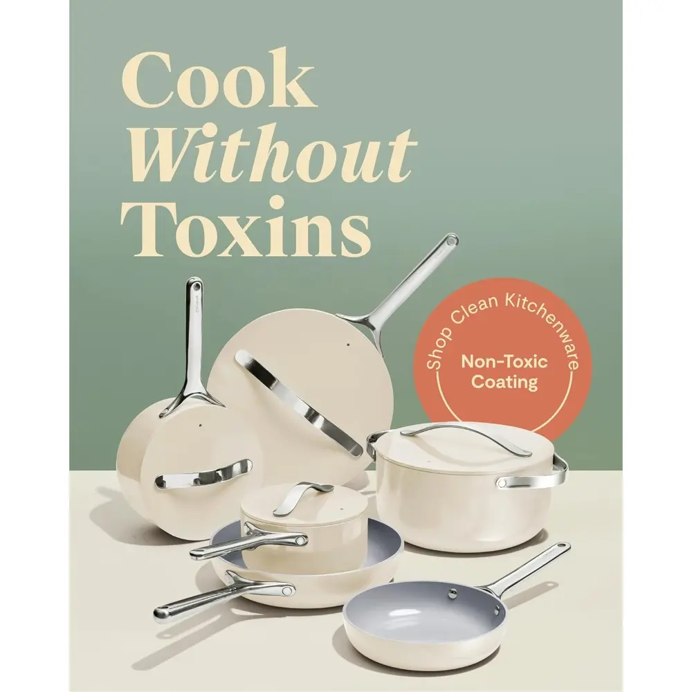 Deluxe Nonstick Ceramic Cookware Set (16 Piece) Pots, Frying Pans, Lids and Kitchen Storage - PFAS & PFOA Free - Oven Safe Cera