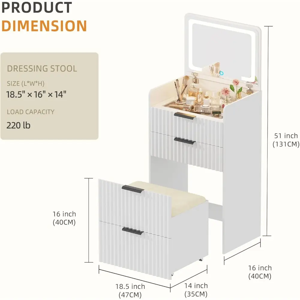 Small Fluted Vanity Desk with Mirror and Lights, 3-in-1 Compact Makeup Vanity Set with Hidden Storage Stool, Mini Dressing Tabl