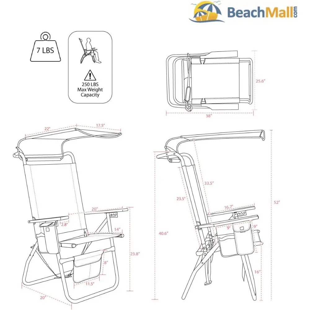 17 Inches High Seat Big Tycoon Aluminum Beach Chair with Canopy