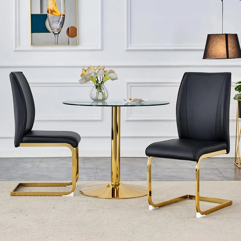 Modern Dining Chair with Curved Back, Gray Faux Leather, Chrome Metal Frame, Non-Slip Feet (4, Black+Gold + Metal, Small)