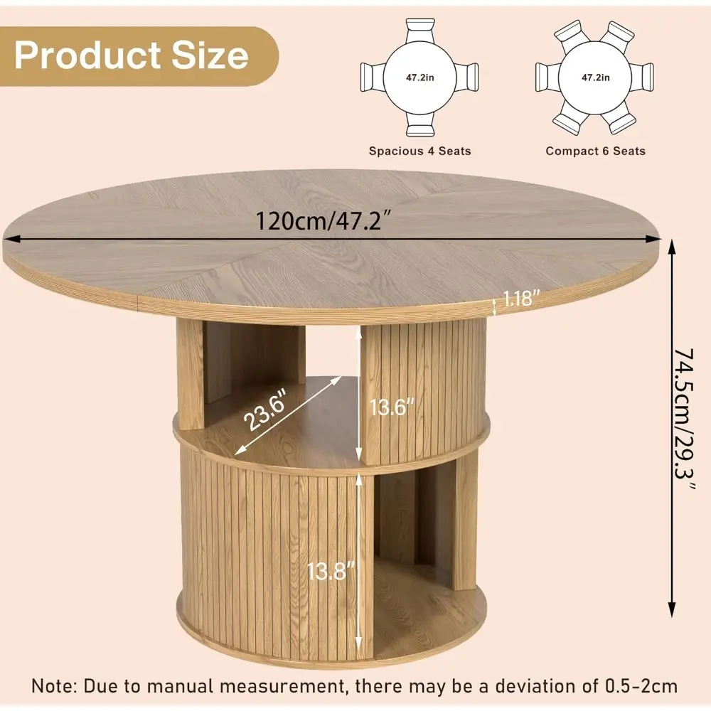 47 inch Round Dining Table for 4, Farmhouse Kitchen Dining Table with 2-Layer Storage Shelf and Fluted Panel, Modern Wooden Dini