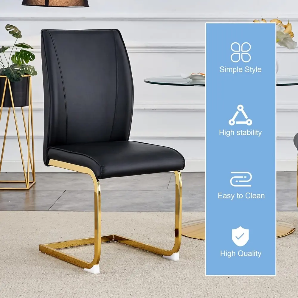 Modern Dining Chair with Curved Back, Gray Faux Leather, Chrome Metal Frame, Non-Slip Feet (4, Black+Gold + Metal, Small)