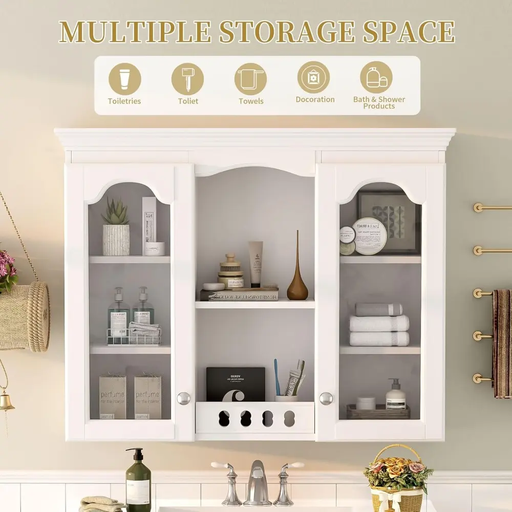 Medicine Cabinet, 36" x 28" Wall Mounted Bathroom Storage Cabinet with Glass Doors and Open Shelves, Over The Toilet Storage Cab