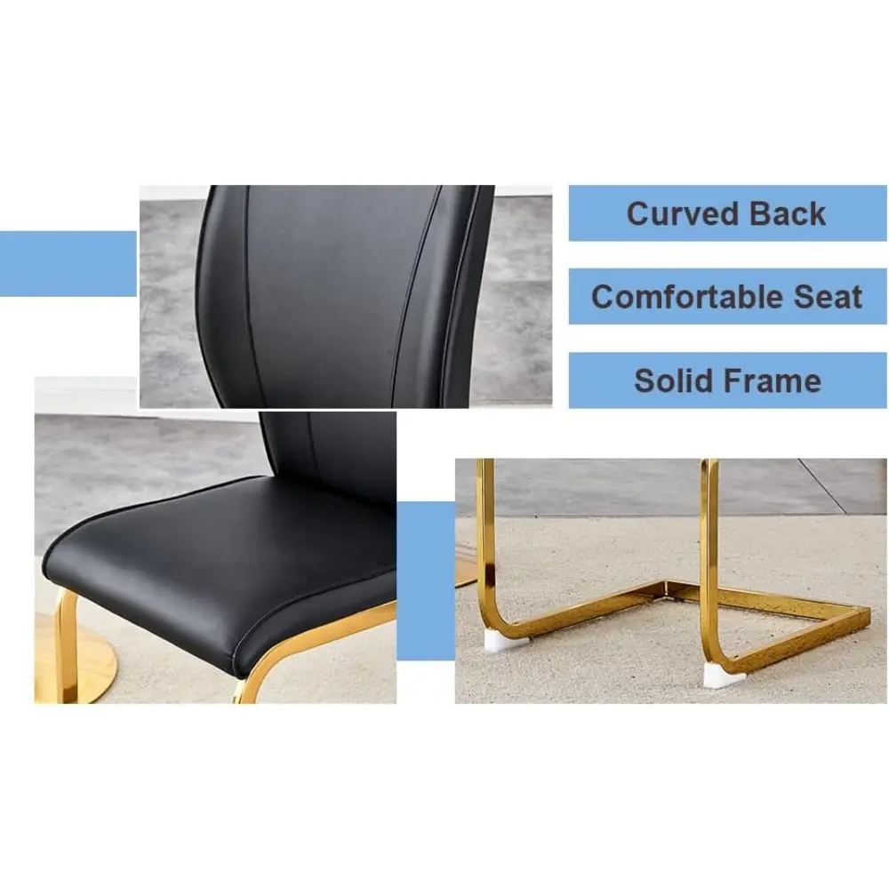 Modern Dining Chair with Curved Back, Gray Faux Leather, Chrome Metal Frame, Non-Slip Feet (4, Black+Gold + Metal, Small)