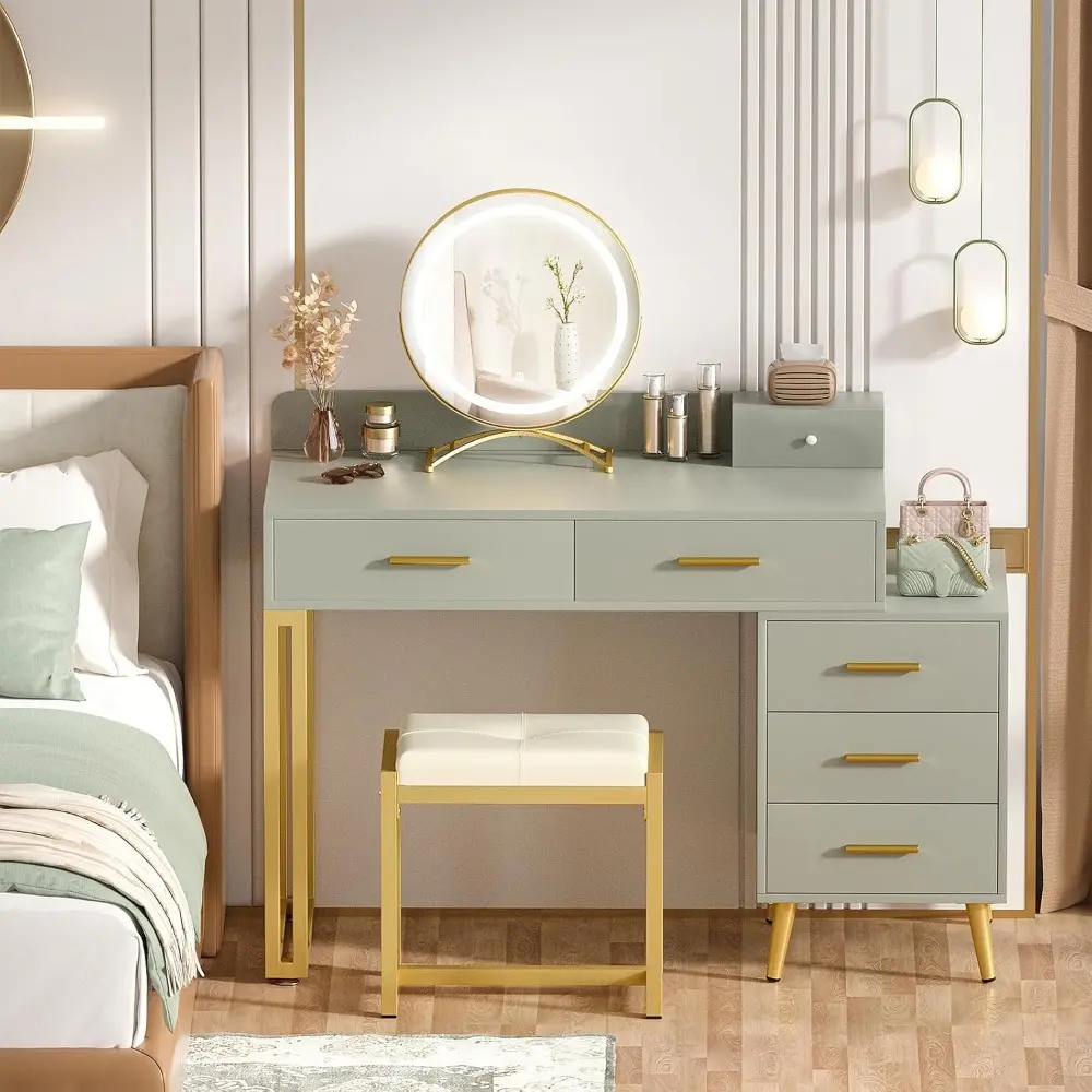 Vanity Desk with Mirror and Lights, Modern Makeup Vanity Table Set with 6 Storage Drawers and Cushioned Stool for Bedroom, Dress