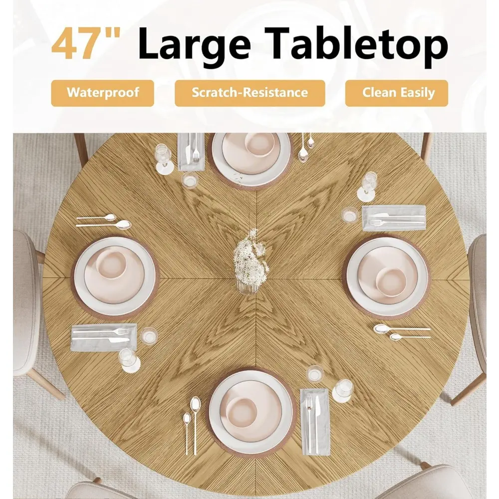 47 inch Round Dining Table for 4, Farmhouse Kitchen Dining Table with 2-Layer Storage Shelf and Fluted Panel, Modern Wooden Dini
